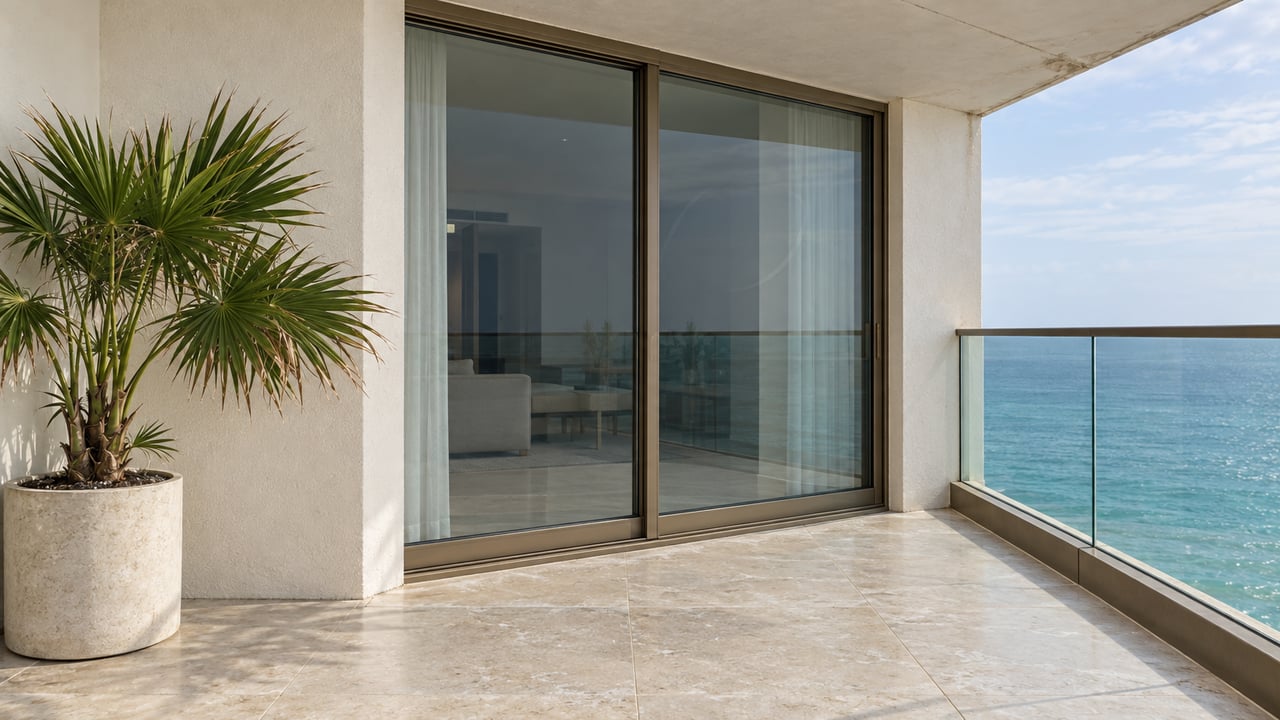 Condominium balcony with a closed sliding glass door, limestone floor, glass railing, and potted fan palm.