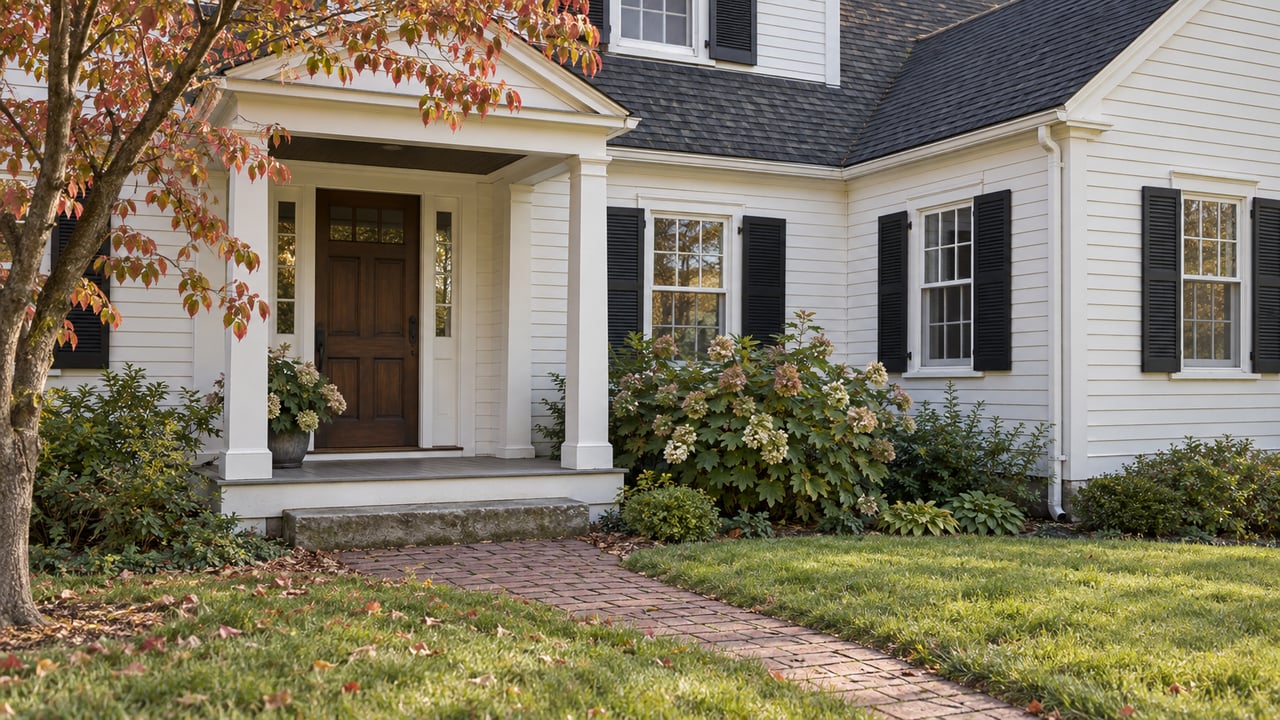 Older clapboard house with a columned porch, dark wood door, shuttered windows, and brick walk across a small lawn.