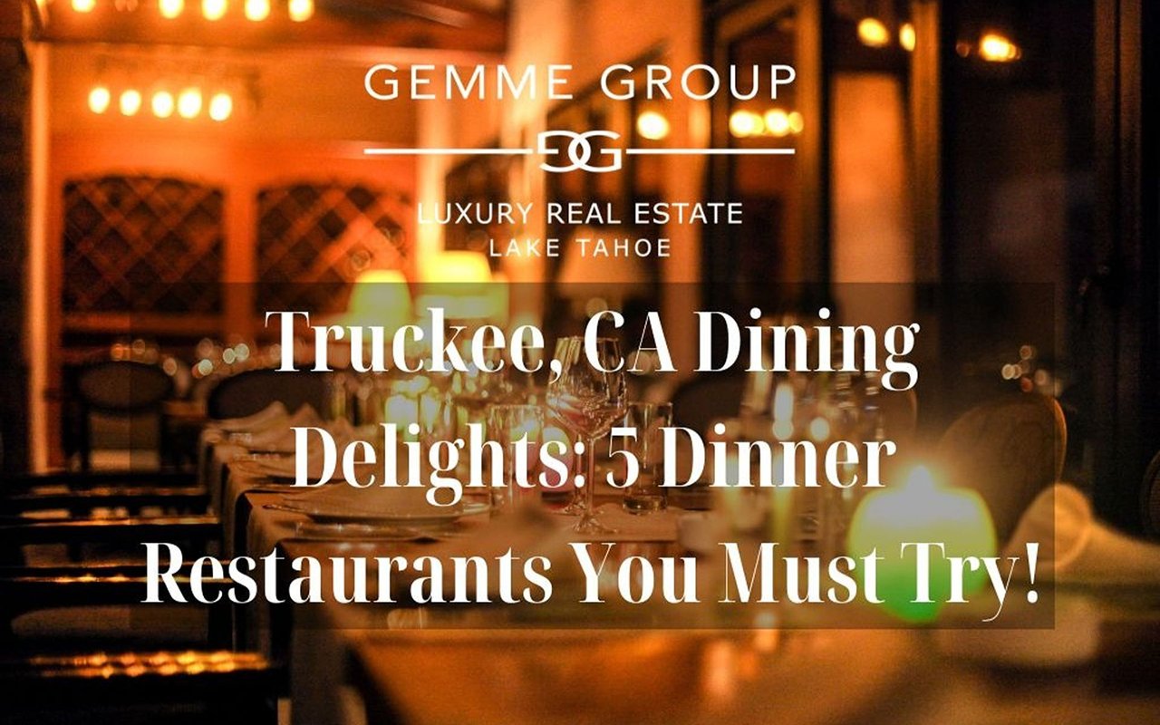 Truckee dining guide title over a warmly lit restaurant interior, with Gemme Group branding.