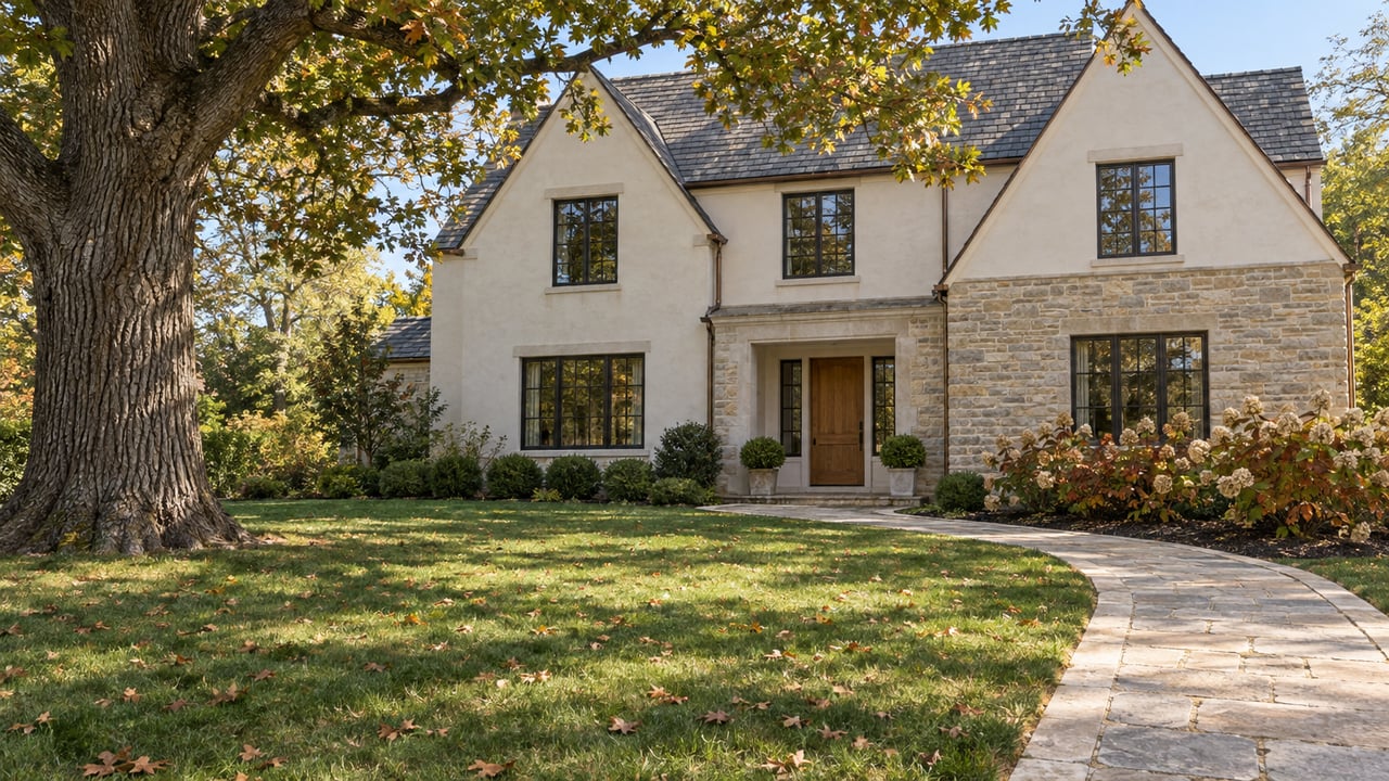 A mature oak shades the deep front lawn of a gabled home with pale render, limestone walls and dark bronze windows.