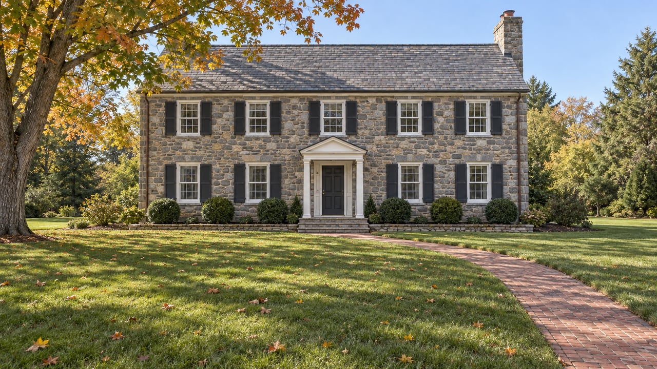 A substantial stone colonial with multi-pane windows, a broad autumn lawn, brick entry walk and mature maple tree.