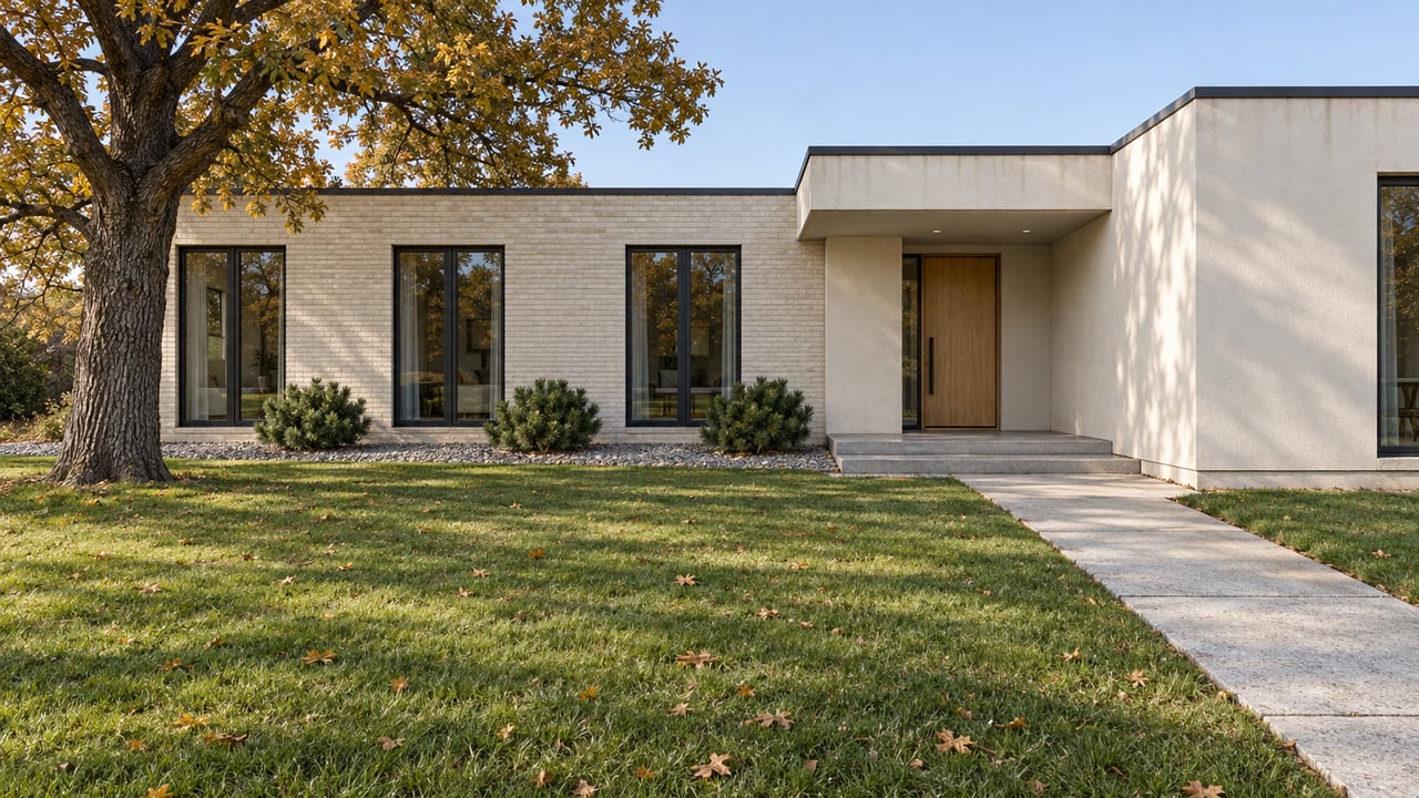 Contemporary ivory stucco and painted-brick home behind a deep green lawn, with dark paired windows and an autumn oak.