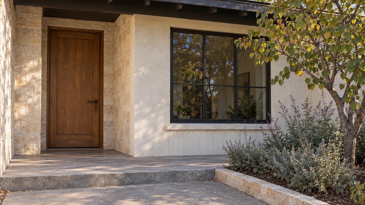 A wood front door and black-framed window beneath a shaded porch, with aged ivory stucco, limestone trim and a flowering tree beside the approach.
