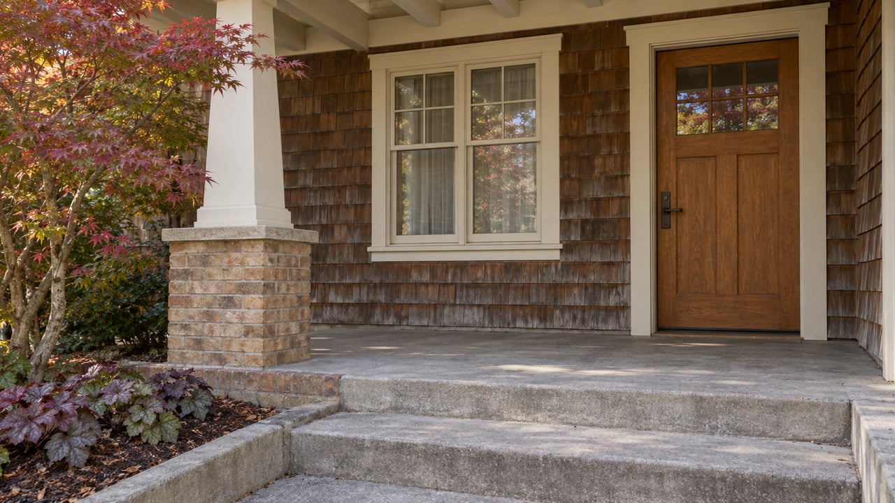 Cedar-shingled home entry with an oak door, cream porch framing, brick pier base, worn concrete steps, and a red-green Japanese maple.