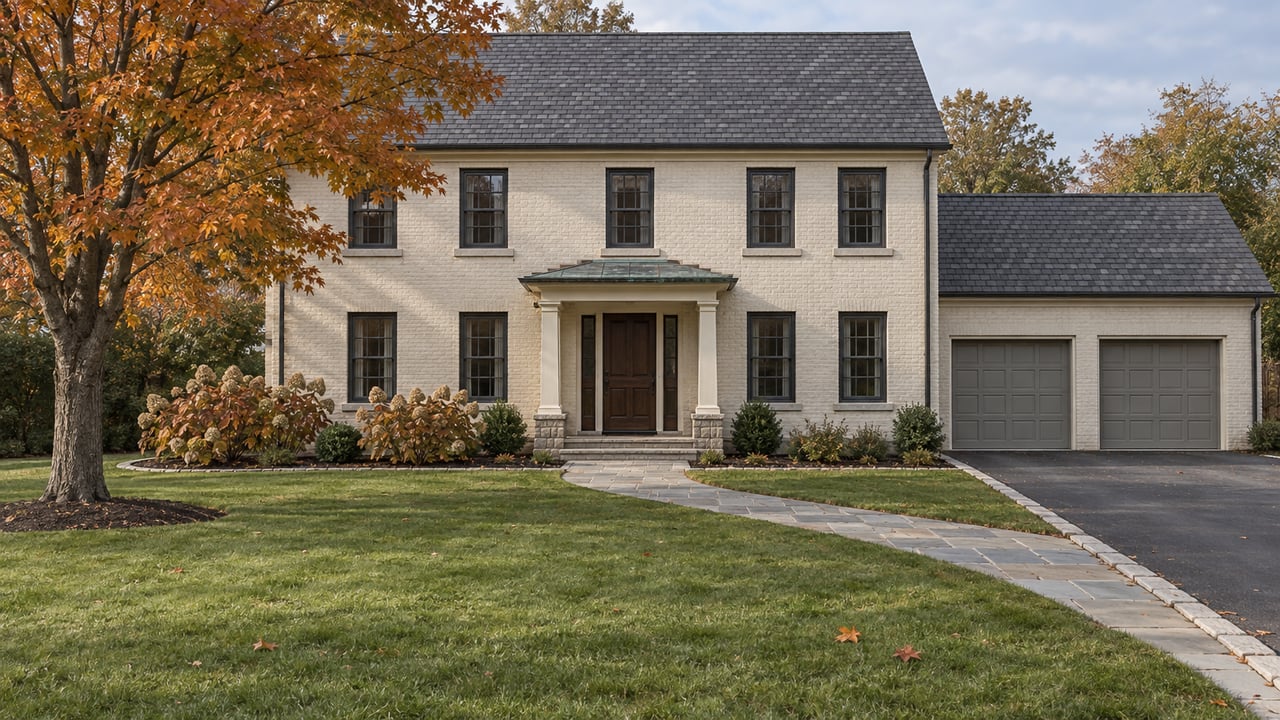 An ivory painted-brick two-story house beyond a broad lawn, with dark windows, a bluestone approach, and a mature maple in autumn color.