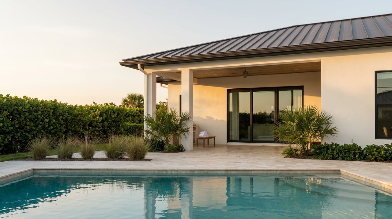 White-stucco home with black-framed glass doors and a covered loggia behind a turquoise pool.