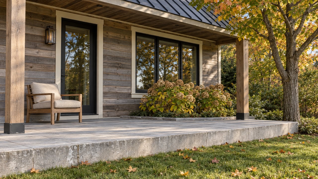 Modern home porch with weathered wood siding, a cushioned chair, and autumn foliage.
