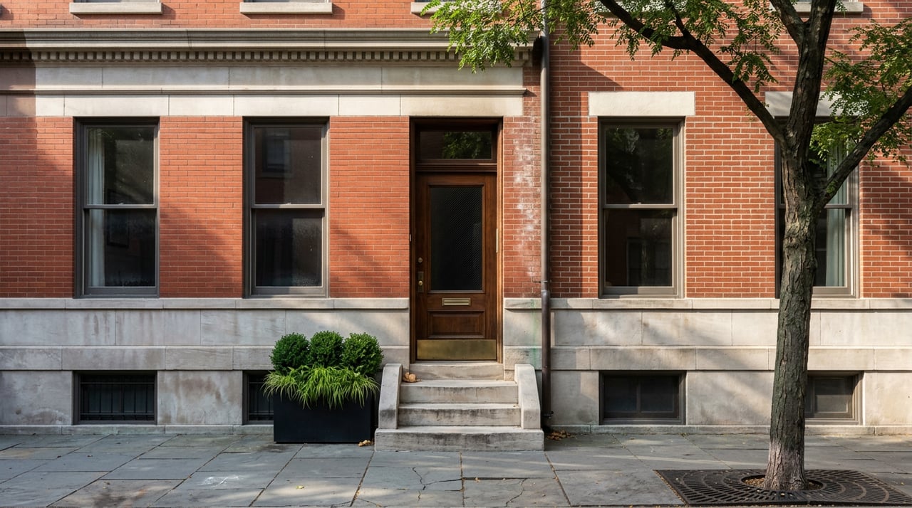 Three-story brick-and-limestone facade with tall windows, dentil cornice, walnut door, and curbside tree.