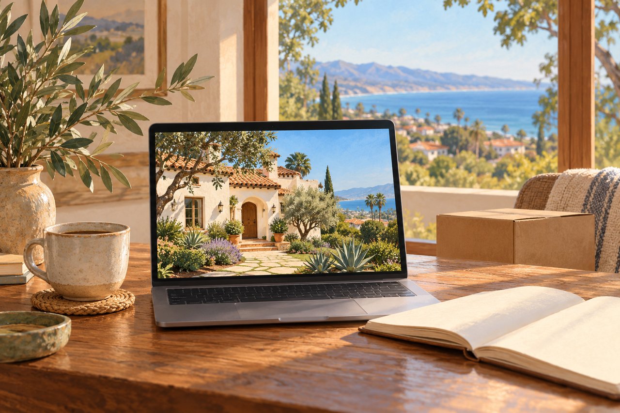 Illustration of a laptop showing a virtual tour of a Santa Barbara home, beside coffee and a notebook.
