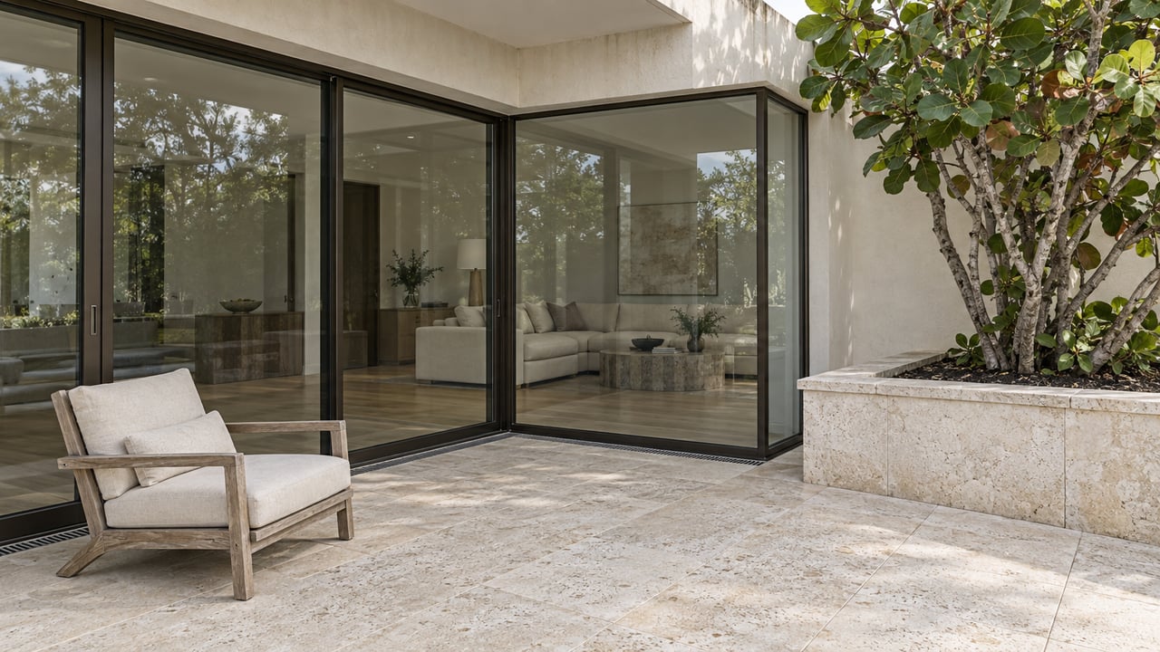 Contemporary home's limestone terrace with bronze-framed corner glazing, a weathered teak lounge chair and a sculptural sea grape tree in a raised stone planter.