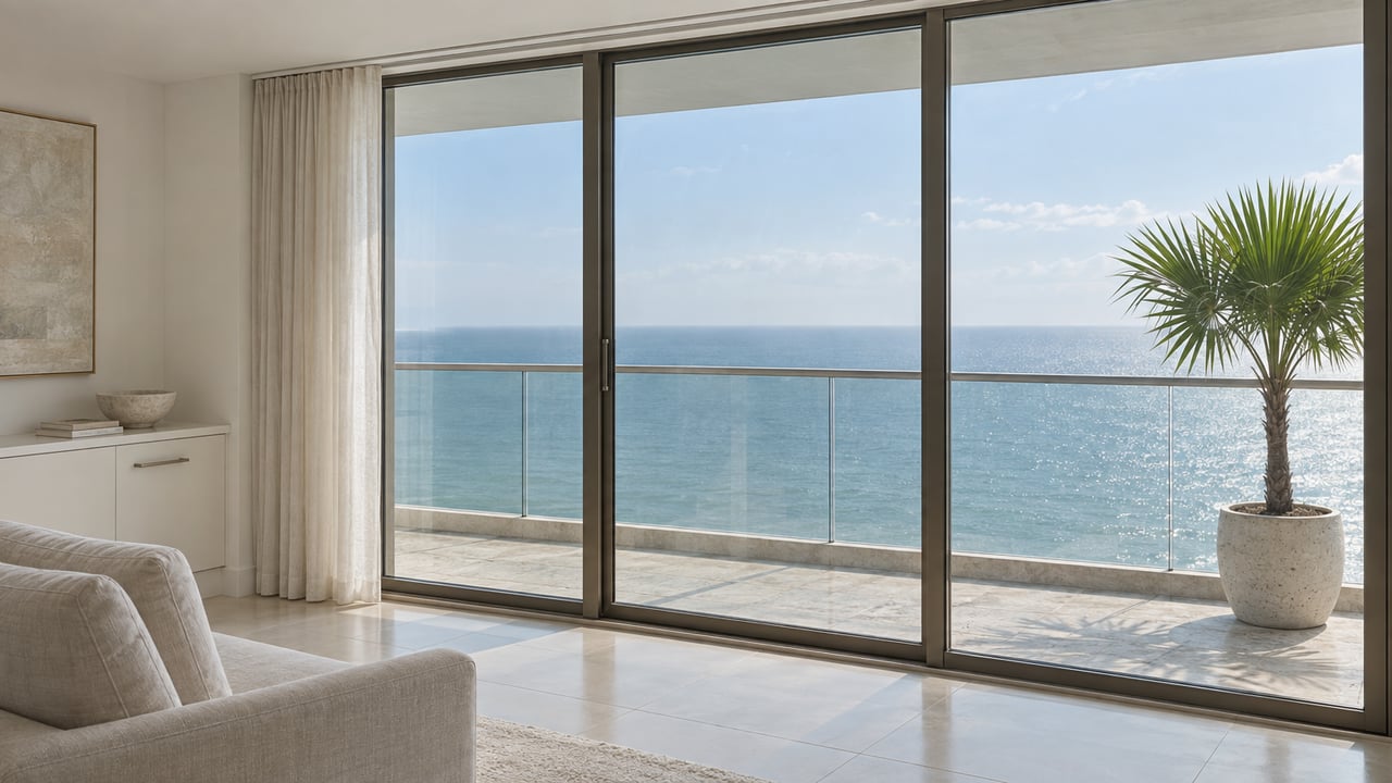 Condominium living room with closed sliding glass doors, a balcony palm, and sea beyond.