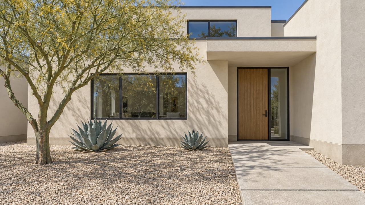 Contemporary two-story stucco home with dark-framed windows, a recessed wood entrance, sculptural desert tree and gravel forecourt.