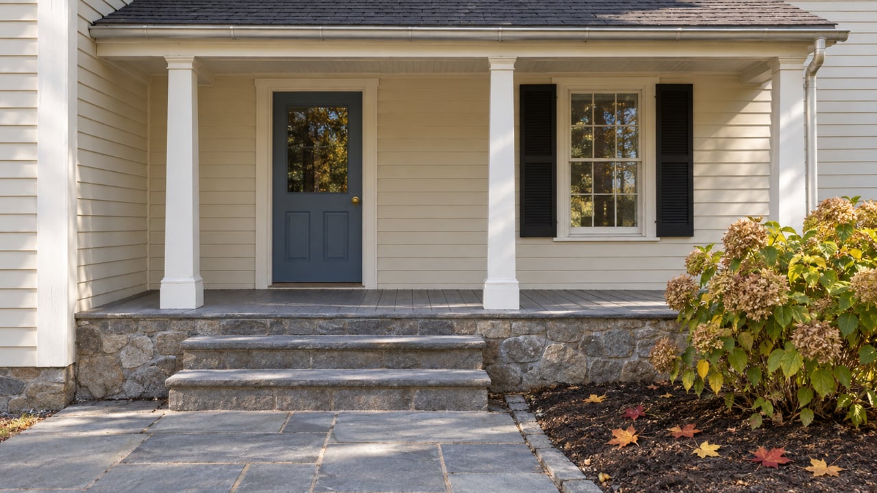 Cream clapboard home's modest porch with a blue door, black-shuttered window, fieldstone foundation and worn bluestone steps in autumn sunlight.
