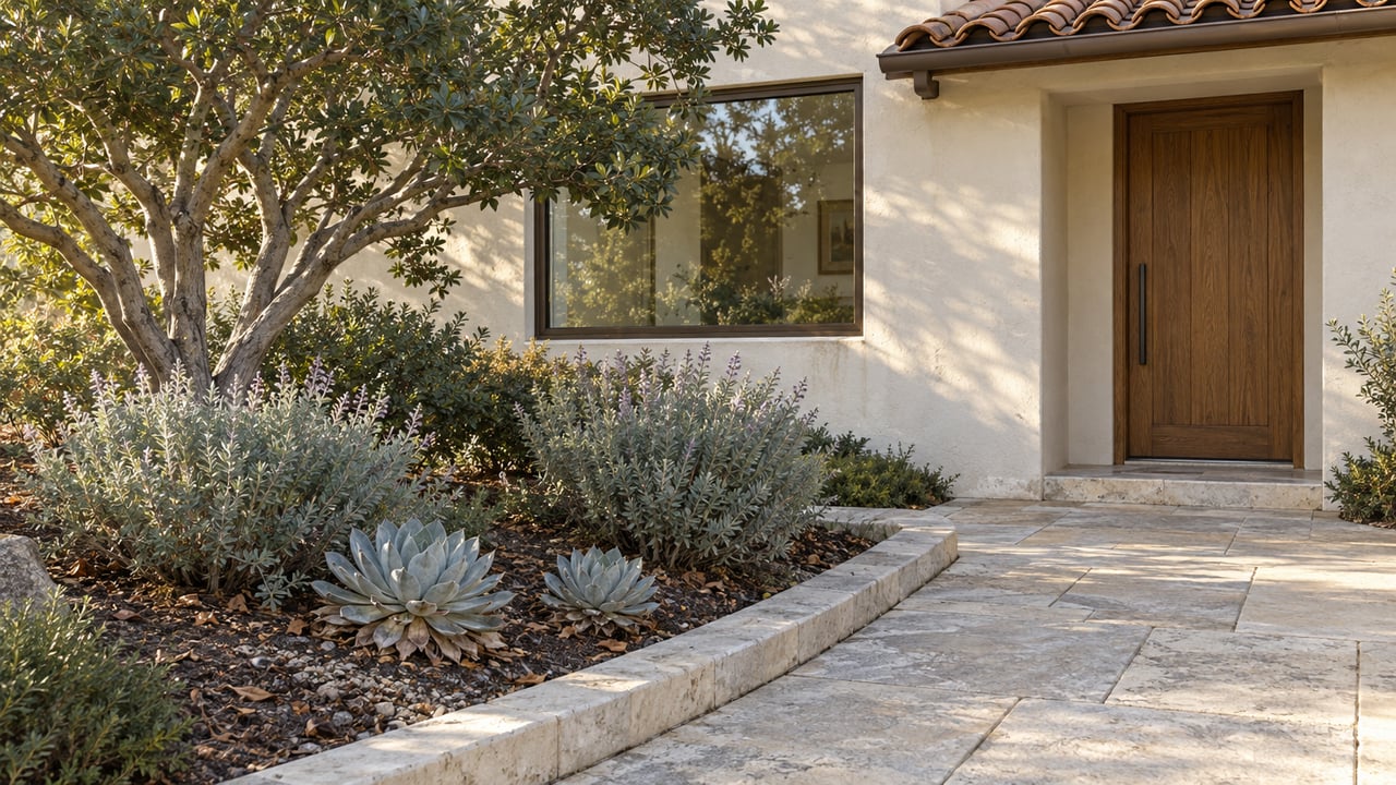 Sunlit stucco home entrance with an oak door, pale limestone walk and established silver-leaved garden planting.