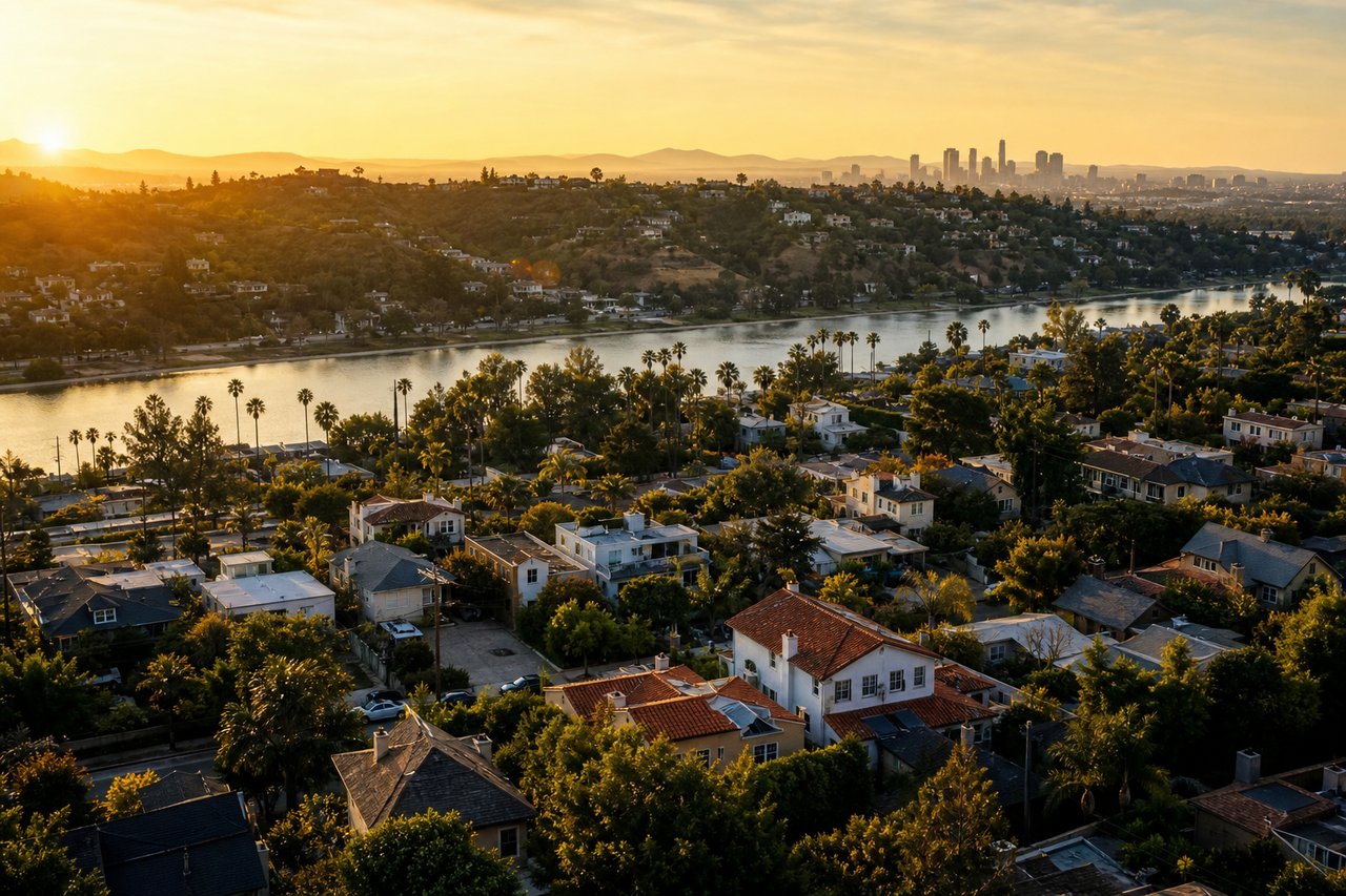   Aerial view of hillside homes and palm trees beside a reservoir at sunset, with a city skyline in the distance