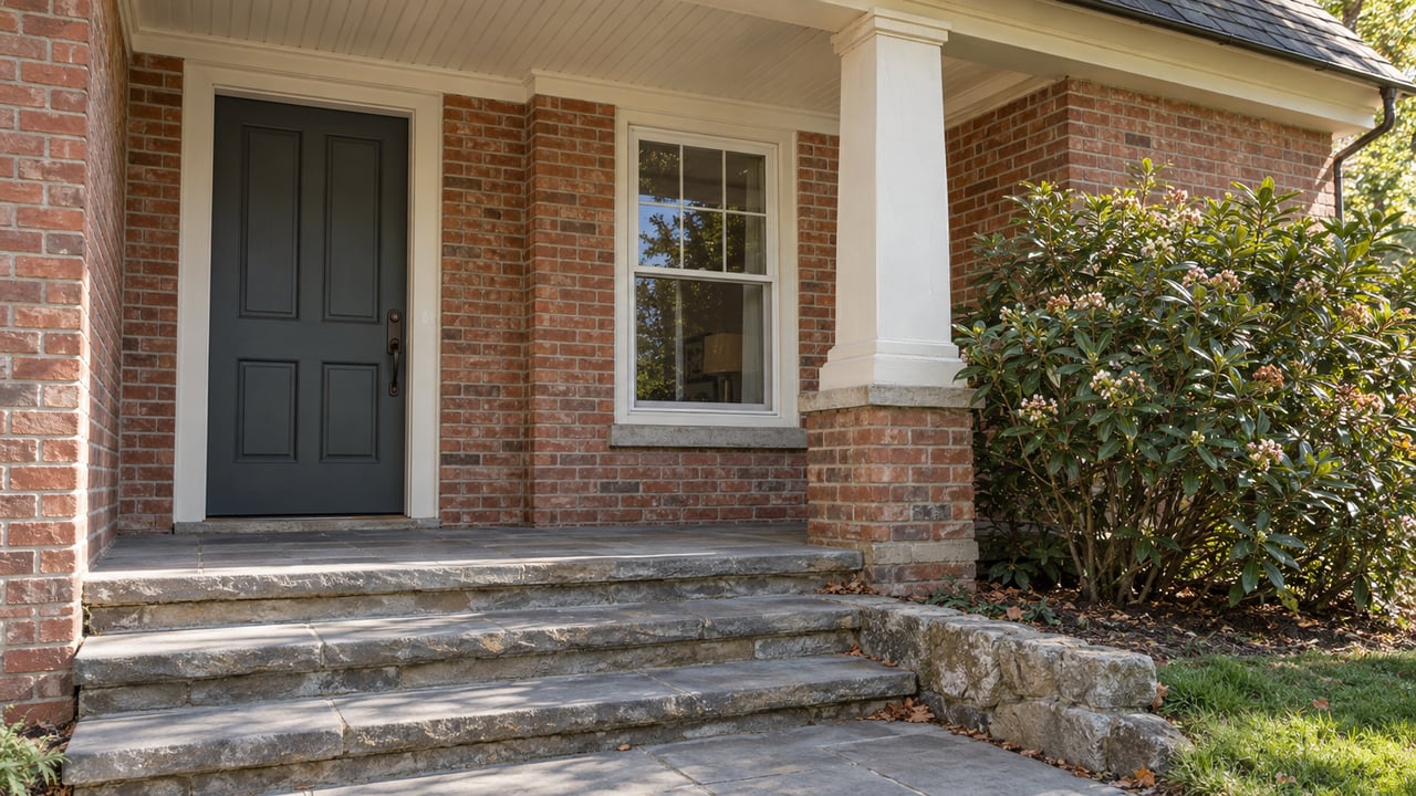 Brick house entry with a recessed door, double-hung window, stone steps, and a leafy shrub beside the porch.