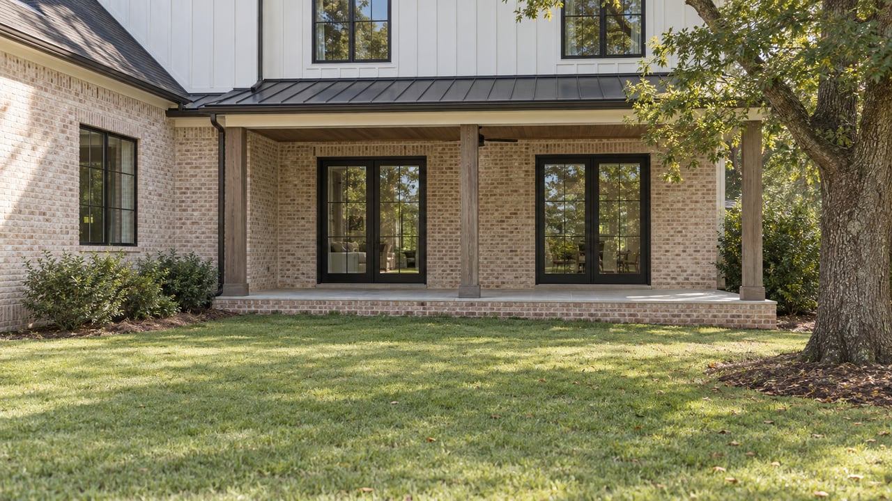 Suburban home with a covered brick porch, black-framed glass doors, and a broad lawn beneath a mature oak.