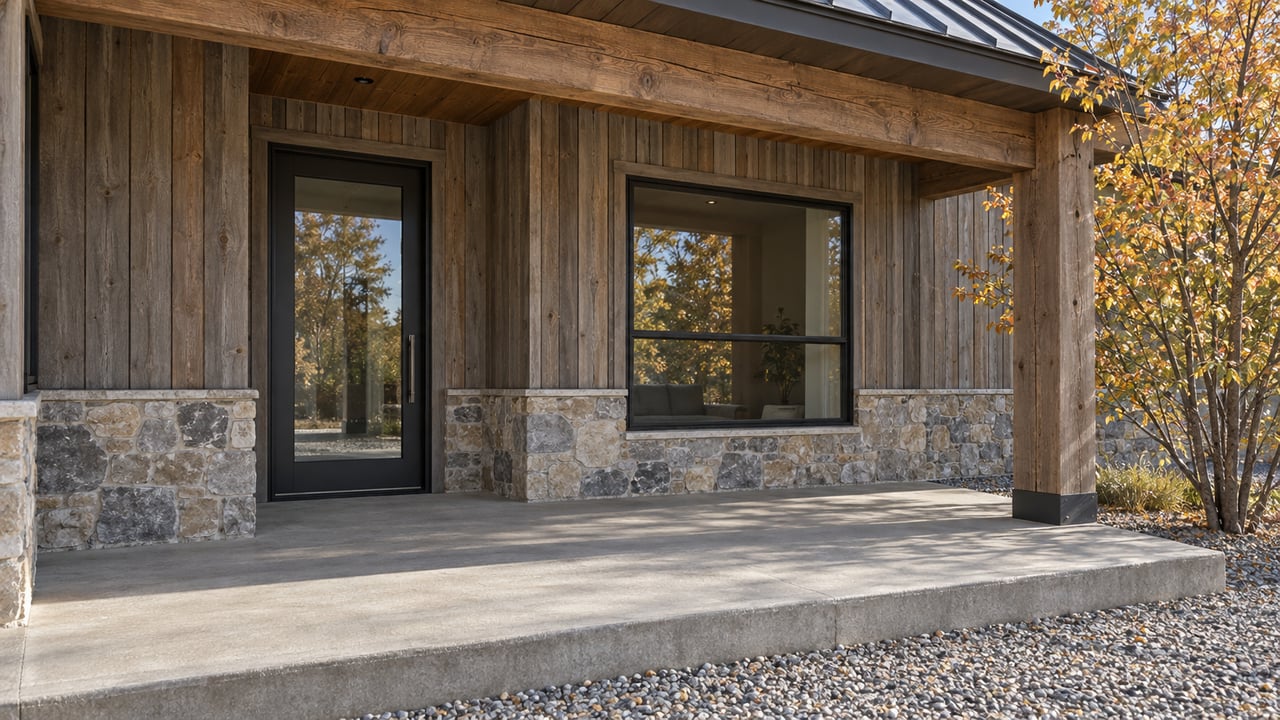 Covered home entry with weathered cedar siding, stone base, black-framed glass door and autumn serviceberry beside a raised concrete porch.