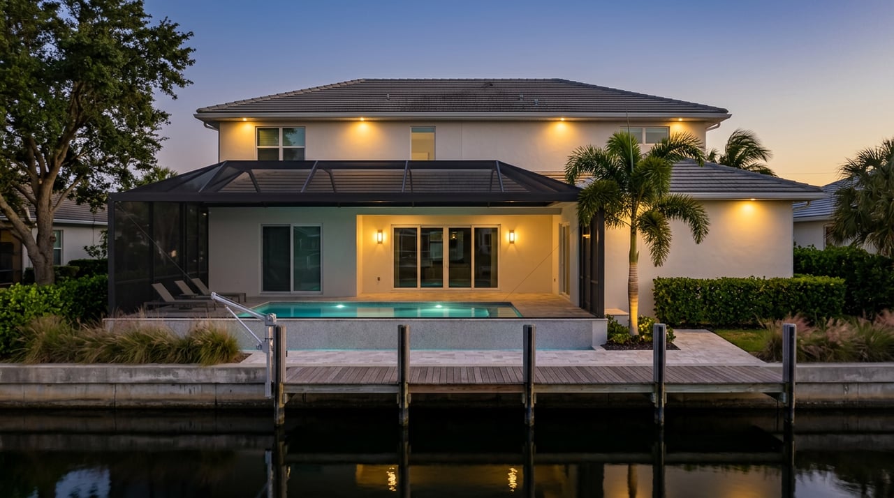 Coastal home across a canal at dusk, with an aqua-lit pool and warm lights beneath the screened lanai.