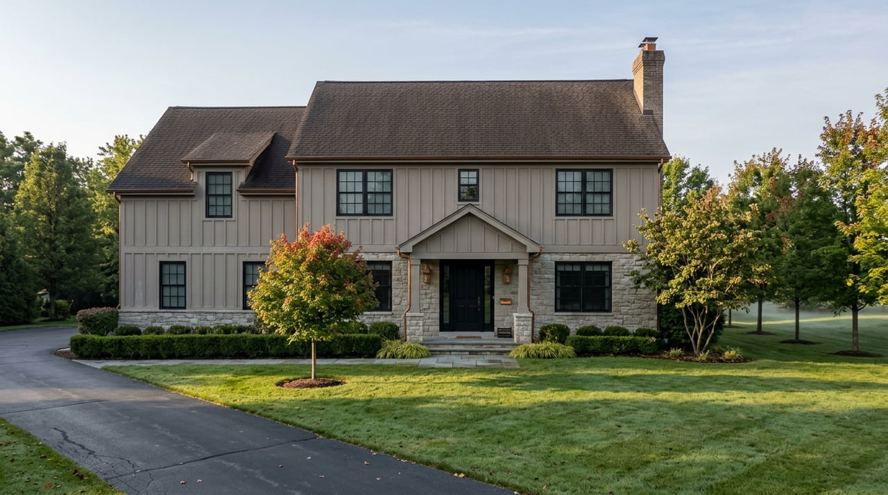 Two-story greige-and-stone house behind a dew-covered lawn, with a curved driveway and reddening maple.