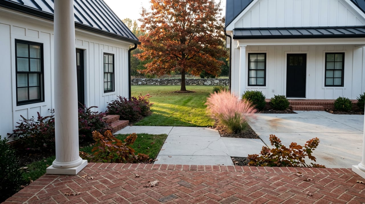 Farmhouse porch overlooks a broad lawn and orange-red oak, with a stone wall beyond.