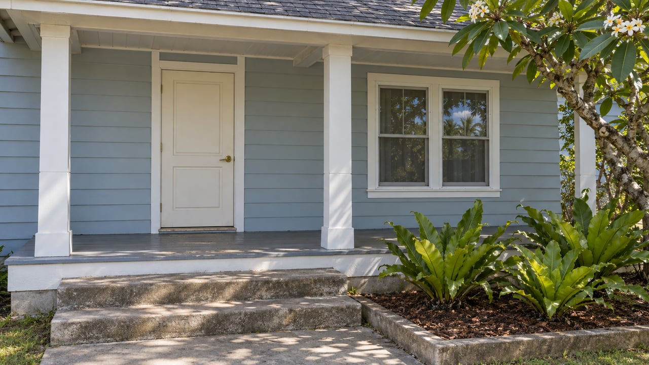 A pale-blue house with a shaded front lanai, white posts, weathered concrete steps and a flowering plumeria beside the entrance.