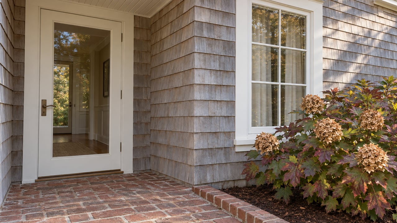 Close view of a cedar-shingled home's white glazed entry, divided-light window, and worn brick landing beside an autumn-colored oakleaf hydrangea.