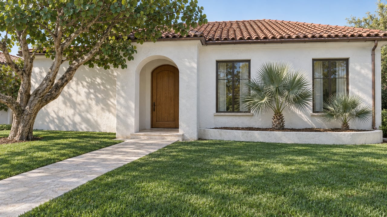 White stucco home with terracotta roof, arched oak entry, limestone approach and a sunlit lawn framed by sea grape and silver thatch palms.