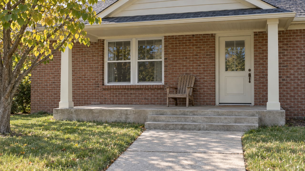A modest brick home with a shaded front porch, ivory door, paired windows and a concrete approach bordered by early-autumn lawn.