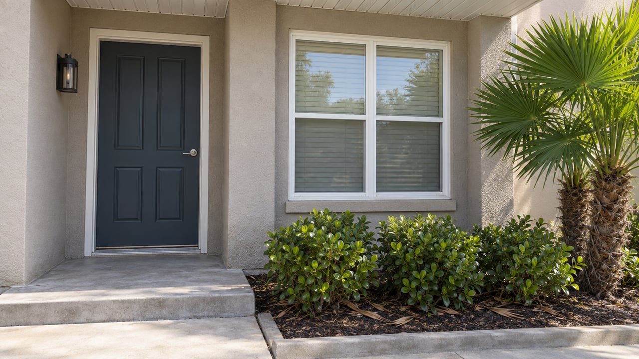 Sunlit taupe stucco home entry with a blue-gray paneled door, white-framed window, concrete step, and carefully contained palm and shrub planting.