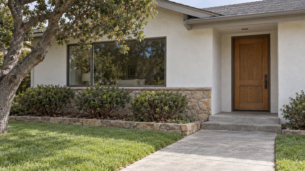 Warm-white stucco home with a sandstone window base, recessed oak entry, and a concrete walk beside a fine lawn and established oak.