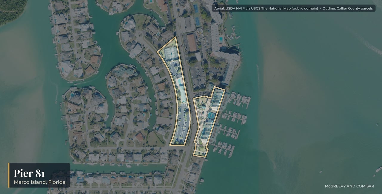 Aerial view of Pier 81 on Marco Island, Florida, its two towers on the Marco River at 1069 and 1079 Bald Eagle Drive beside Riverside Club