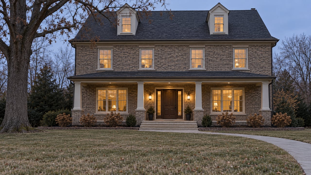 A traditional brick house with a covered porch and warmly lit windows beyond a broad dormant lawn at blue hour.