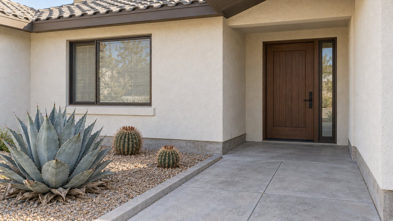 Sunlit stucco home entry with a recessed wood door, gray tile roof, concrete walkway and sculptural desert plants.