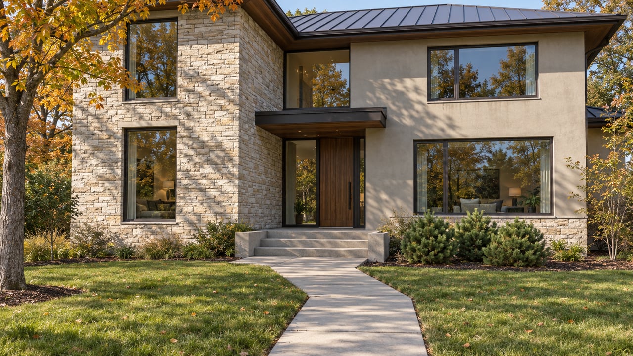 Autumn light on a stone-and-plaster home with bronze-framed windows, a sheltered walnut entrance and a deep front lawn.