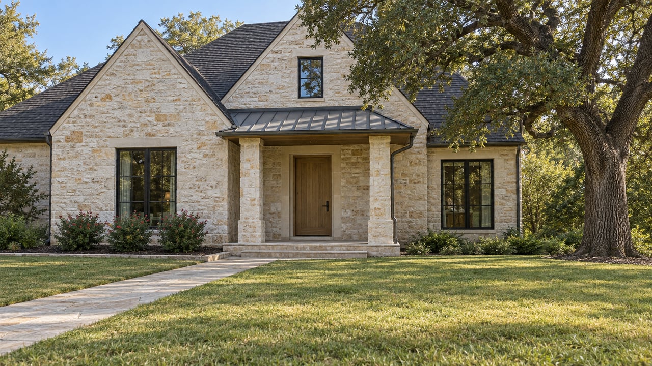 Cream limestone home with steep dark gables, a covered oak-door entry, broad front lawn and a mature live oak in morning light.