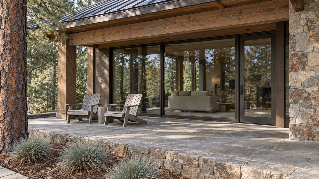 A timber-and-stone home's covered terrace with closed bronze-framed glazing, weathered wood chairs and a mature ponderosa pine.