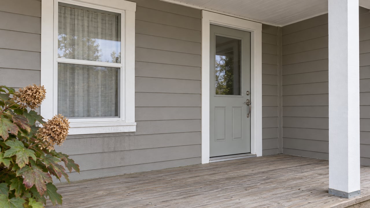 Covered front porch with gray horizontal siding, a white-trimmed window, closed entry door, and weathered wood decking beside bronzing oakleaf hydrangea.