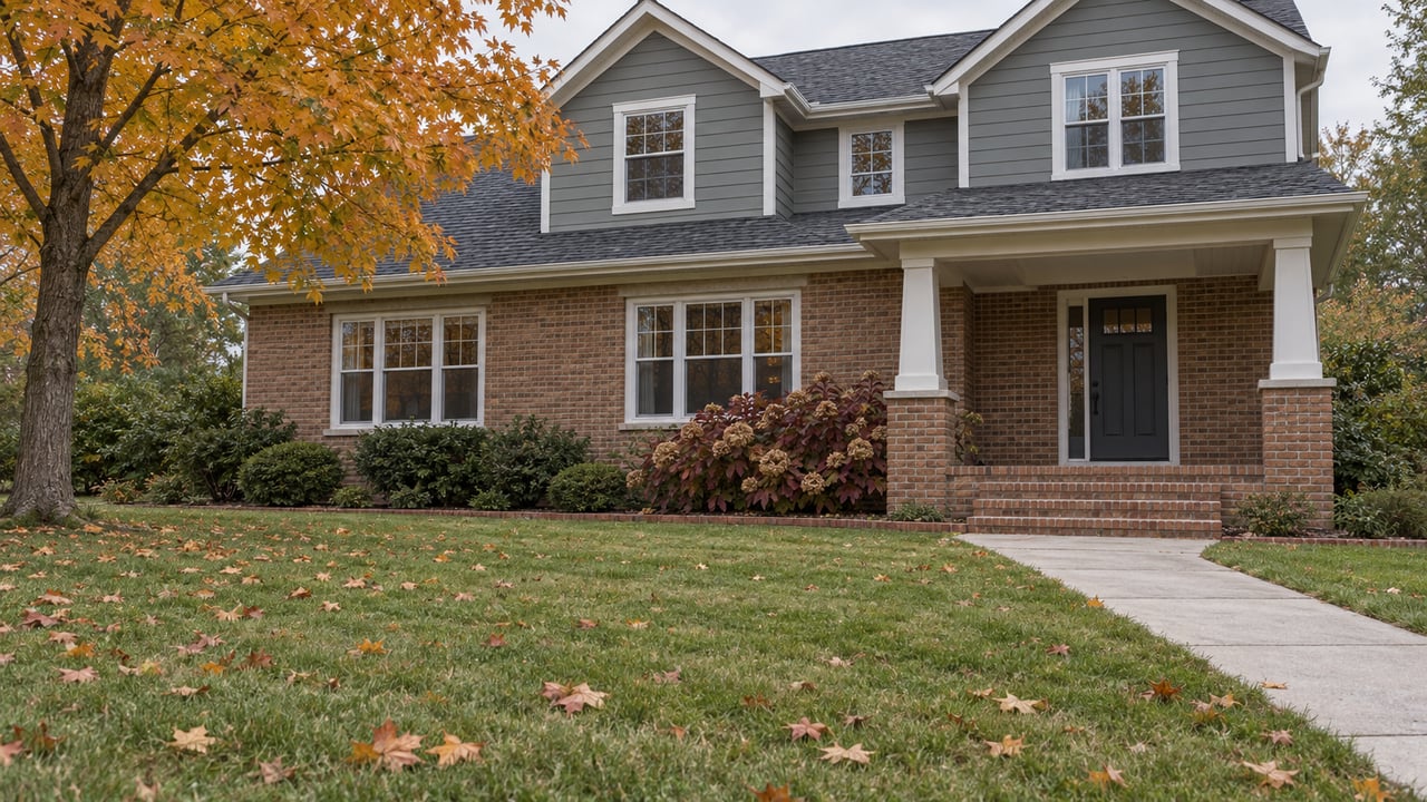 An autumn lawn and concrete walk lead to a raised brick porch on a two-story brick-and-gray-siding home beneath amber maple leaves.