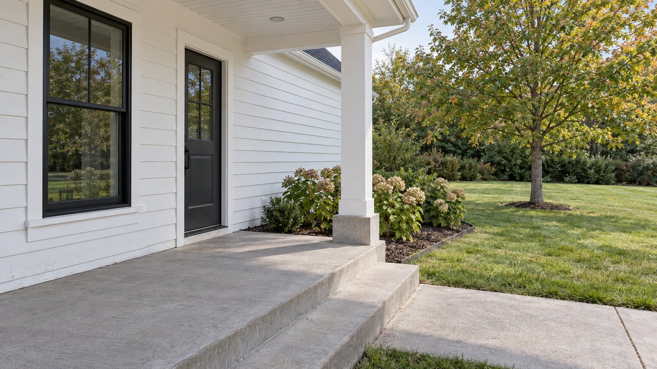 White lap-sided home with a charcoal entry door, black-framed window and concrete porch overlooking an autumn lawn.