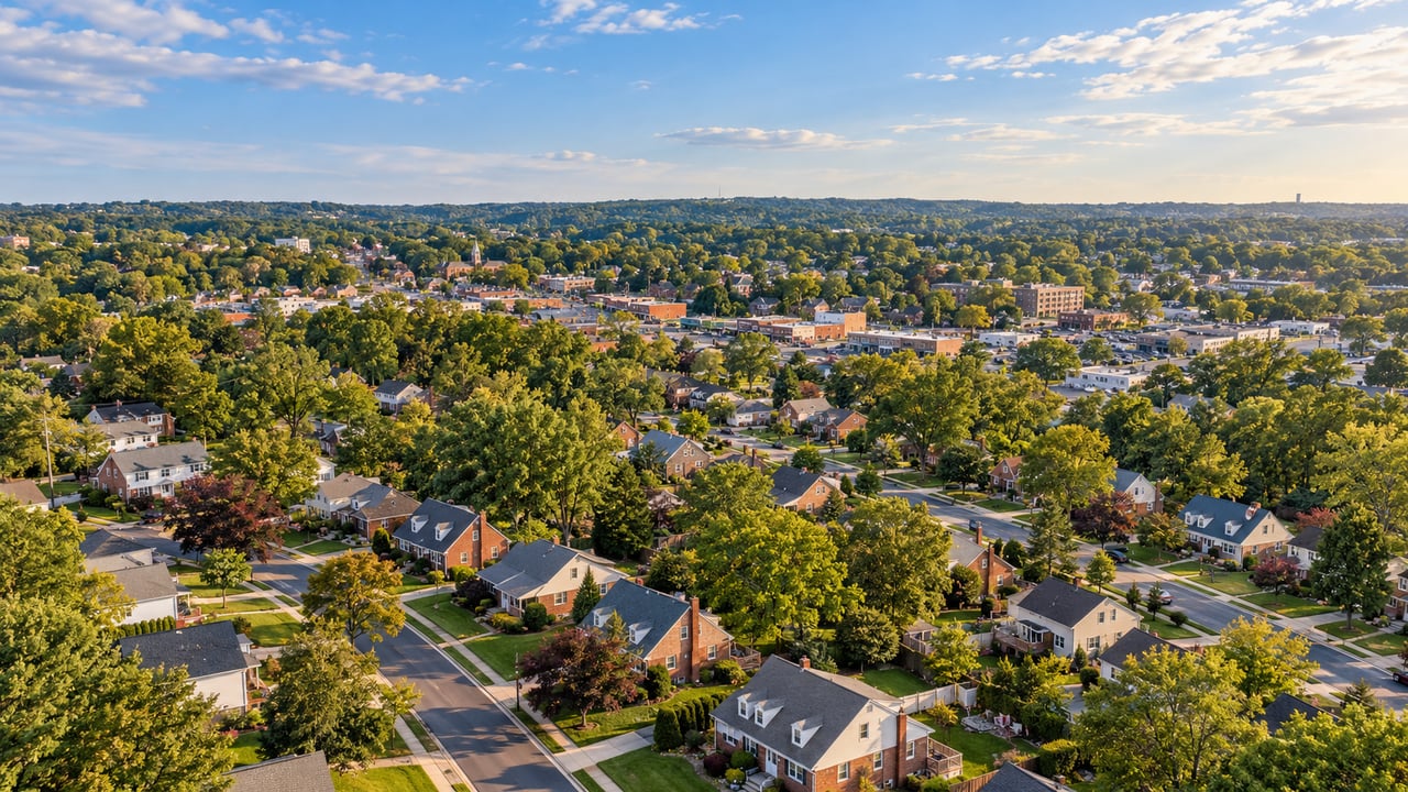 Aerial view of a leafy suburb with detached homes, tree-lined streets, and a small commercial center.