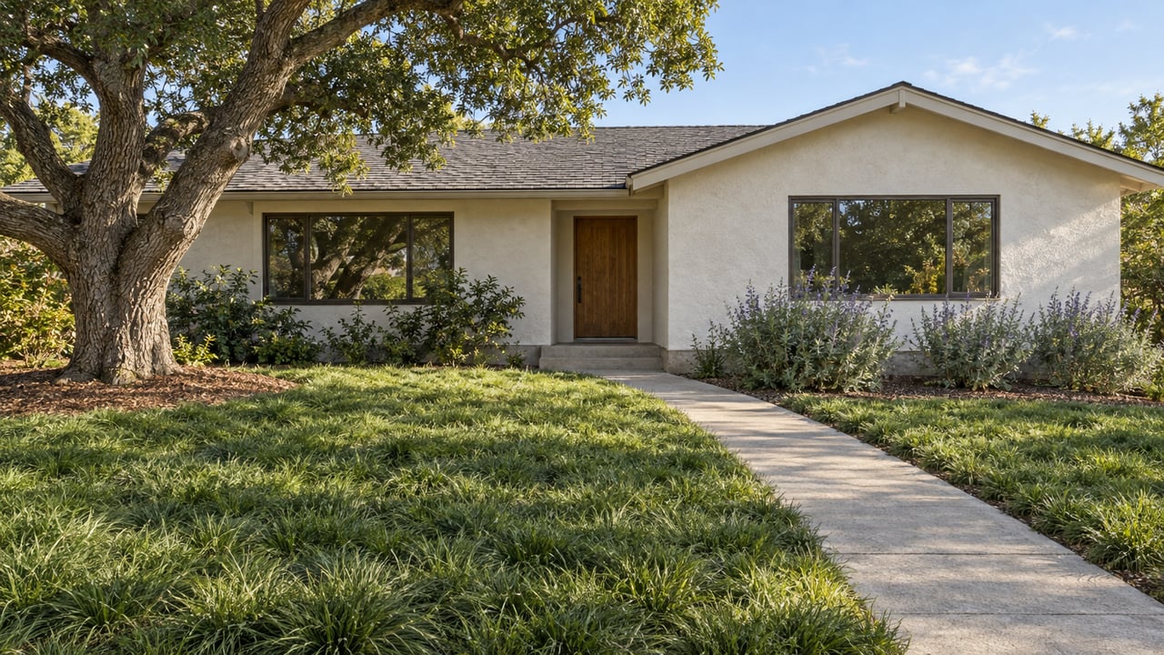 A low stucco home with broad windows and an oak entry sits beyond a deep sedge garden and concrete walk beneath a mature oak.