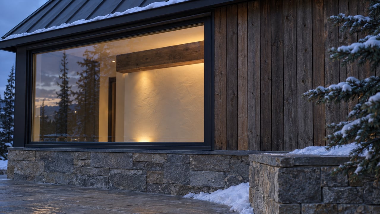 Snow-edged roof above a glowing window in brown wood siding, with a stone base and snowy spruce branch.