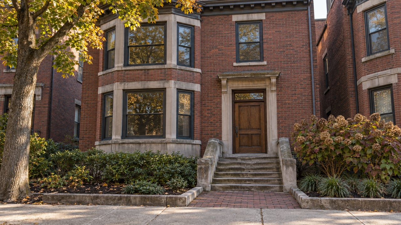 Red-brick urban home with bay windows, a raised limestone entry and early-autumn maple leaves.