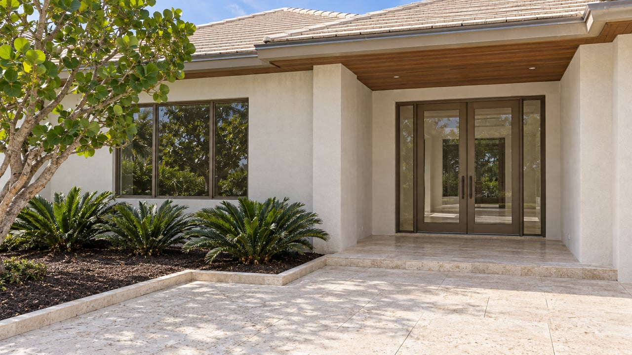 Sunlit cream estate entry with bronze-framed glass doors, limestone paving and a sculptural sea grape tree.