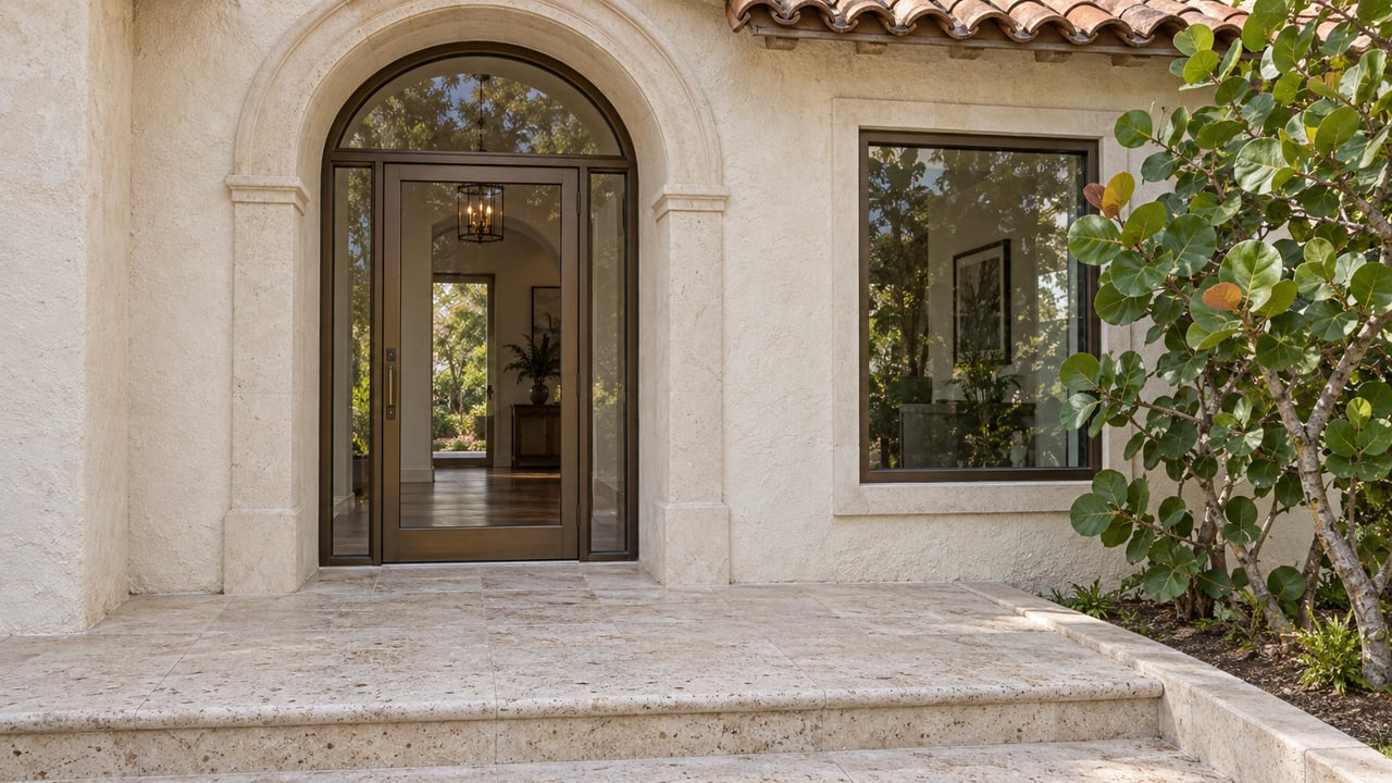 Arched glass entrance of a cream stucco home beneath terracotta tiles, with a limestone landing and a sculptural sea grape tree.