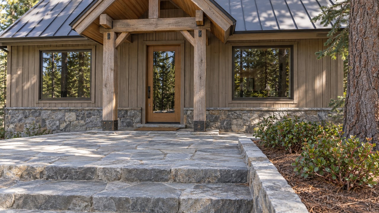 Taupe timber cabin with a steep charcoal roof, sheltered glazed entry and worn gray stone steps beside a mature fir.