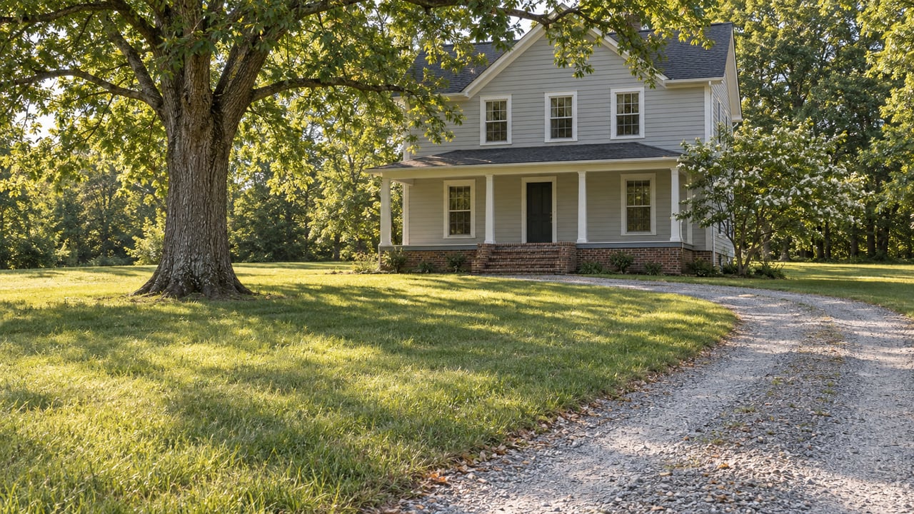 Pale-gray two-story farmhouse beneath a mature oak, with a broad sloping lawn and curved gravel drive.