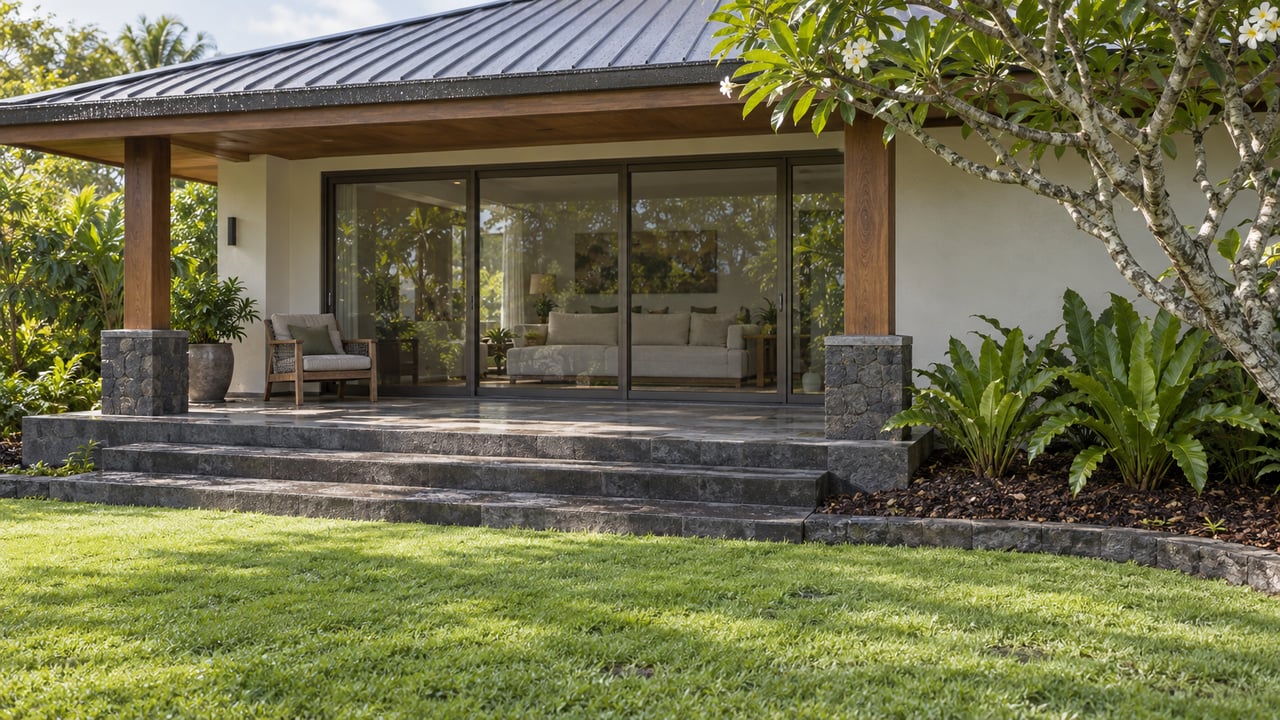 A low-roofed home with a shaded stone veranda, timber posts and closed sliding glass doors beyond a damp lawn and flowering tree.