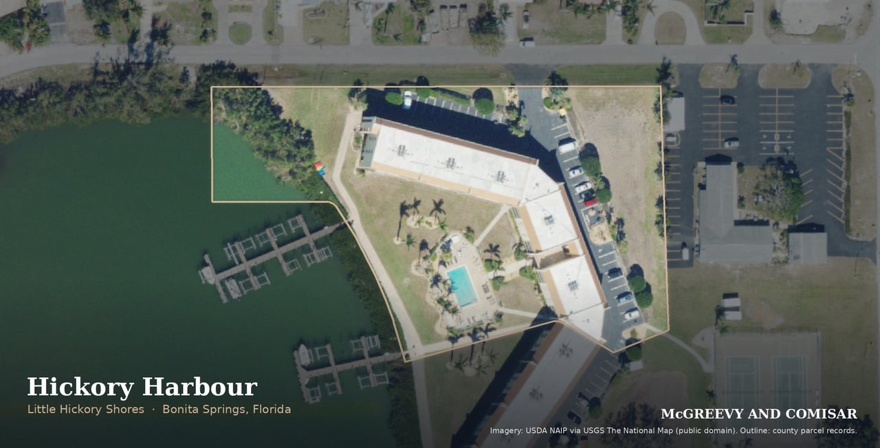 Hickory Harbour condominium, aerial view, Little Hickory Shores, Bonita Springs, Florida